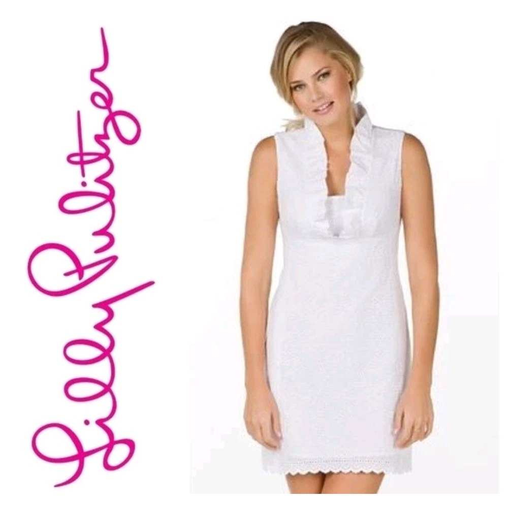 Lily Pulitzer Adeline Dress Women's Sz 8 White Eyelet Embellished Ruffled V Neck